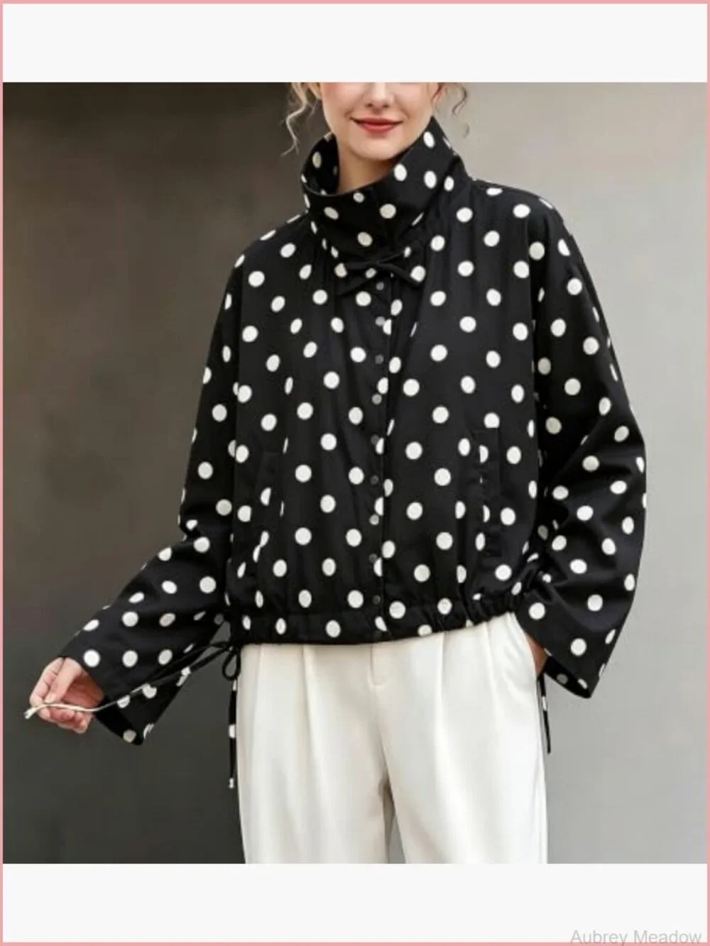 Polka Dot Cropped Jacket Drawstring Hem Button Front Lightweight Coat with